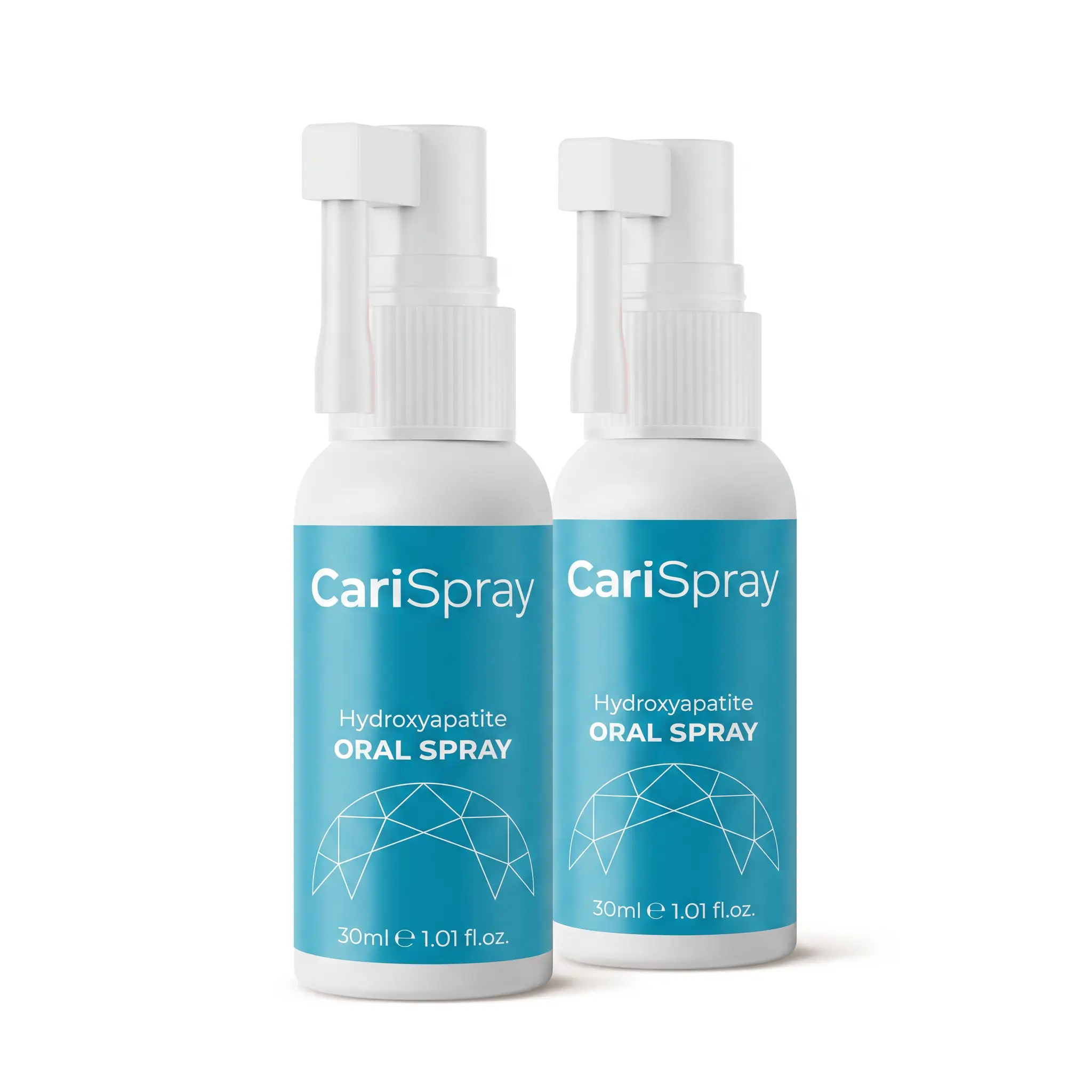 Two CariSpray hydroxyapatite oral spray bottles
