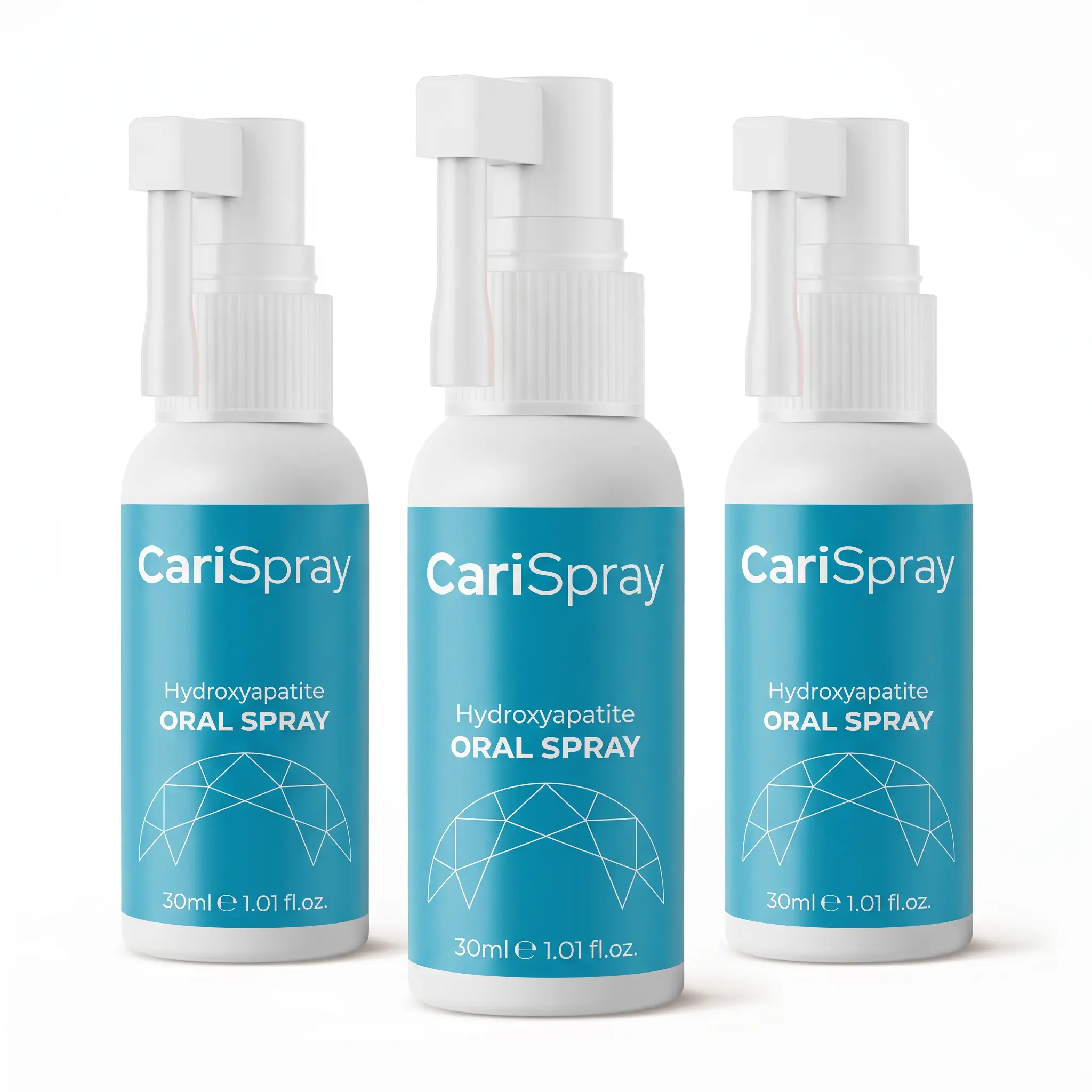 Three CariSpray hydroxyapatite oral spray bottles