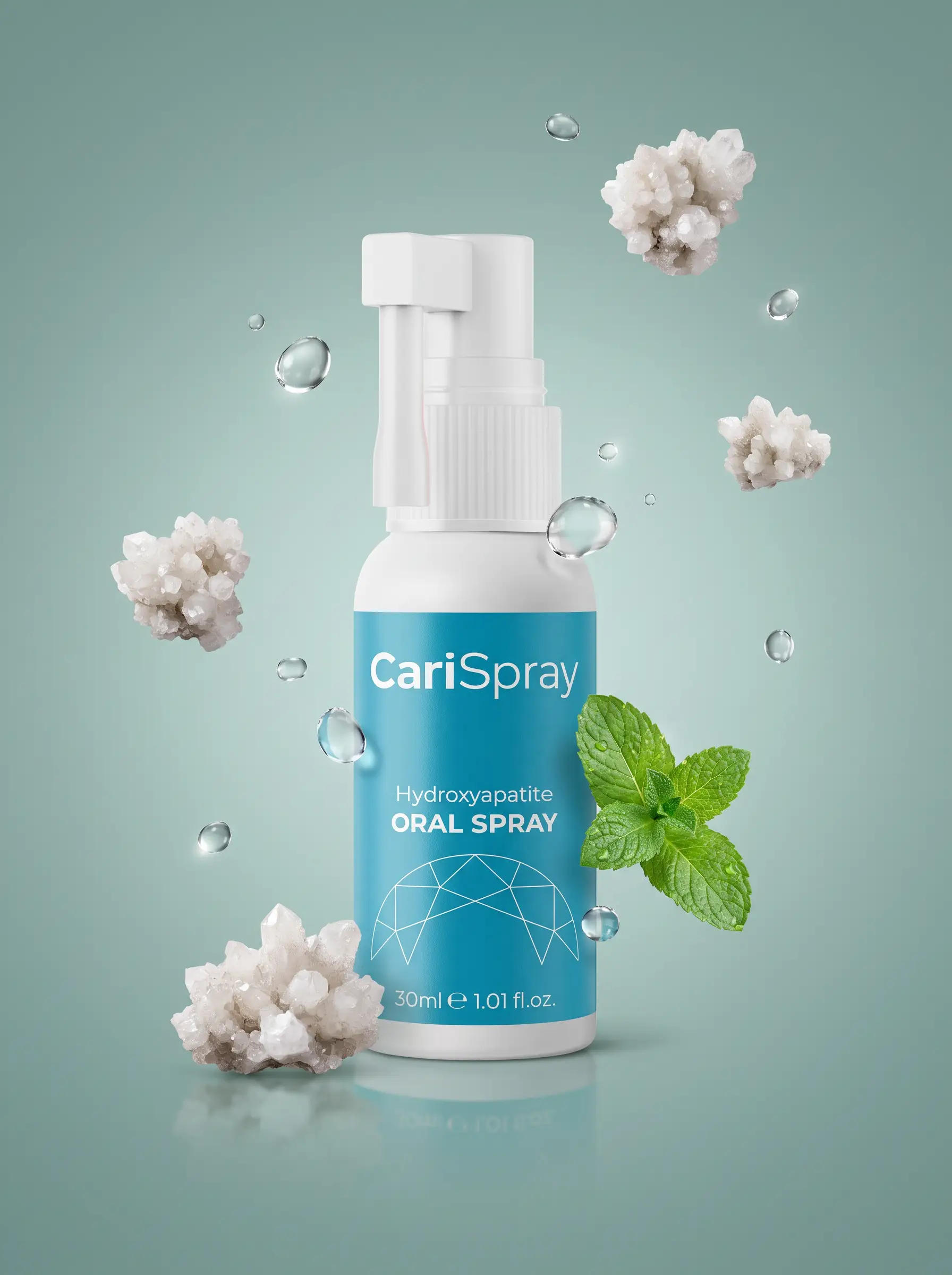 CariSpray 30ml hydroxyapatite oral spray bottle surrounded by natural mineral crystals, water droplets and a green sprig