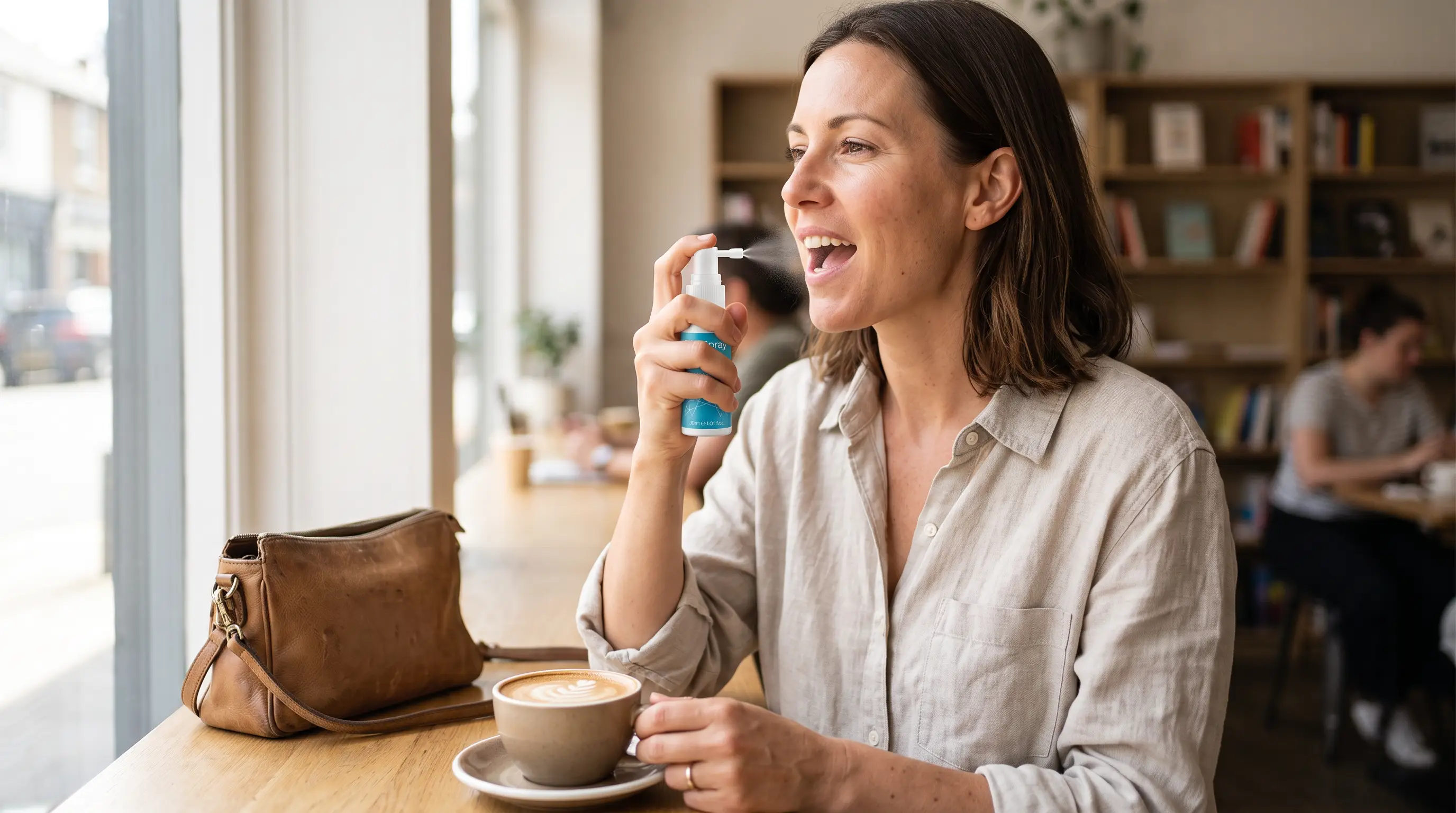 Everyday person using a pocket CariSpray oral spray after coffee